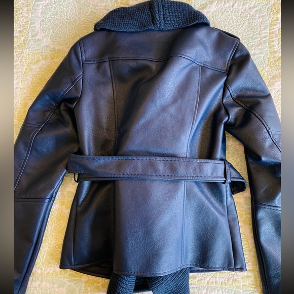G.I.Ll. Blue faux leather belted moto jacket, attached knit shawl collar NWOT - Picture 7 of 15